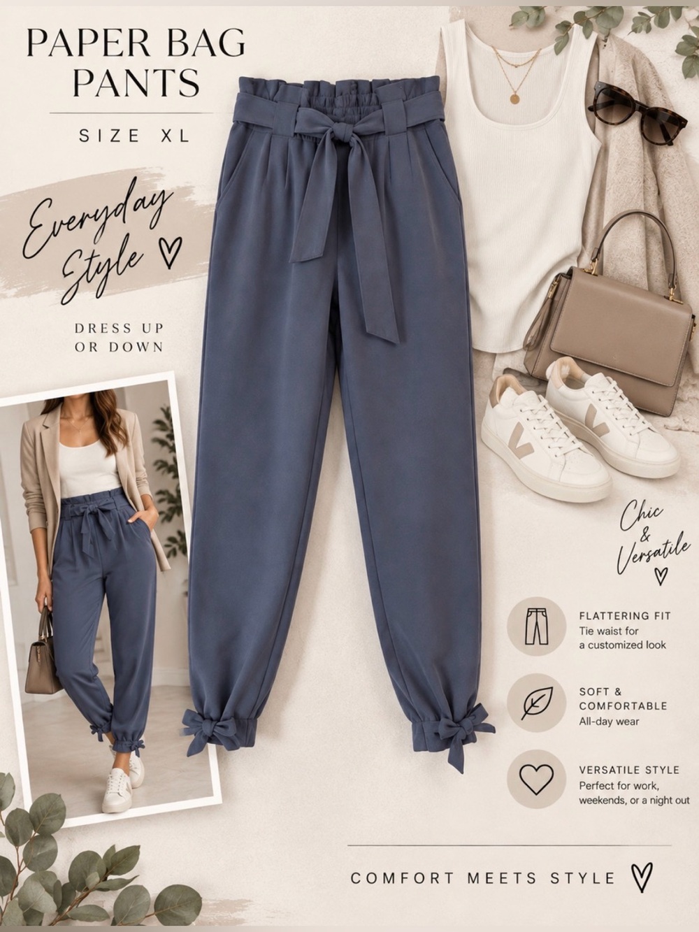 High-Waist Tie Front Ankle Pants - Slate Blue